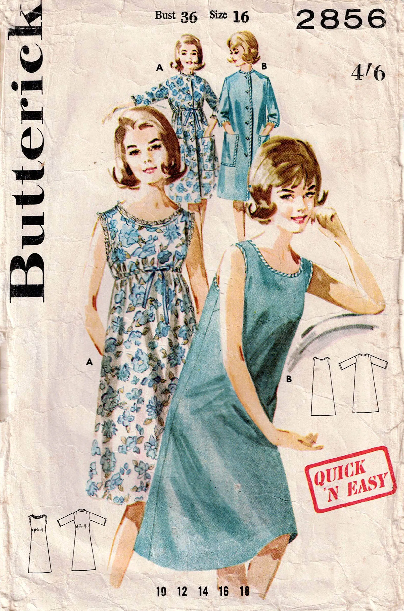 Butterick 2856 Womens EASY High Waisted Nightgown & Robe 1960s Vintage Sewing Pattern Size 16 Bust 36 inches