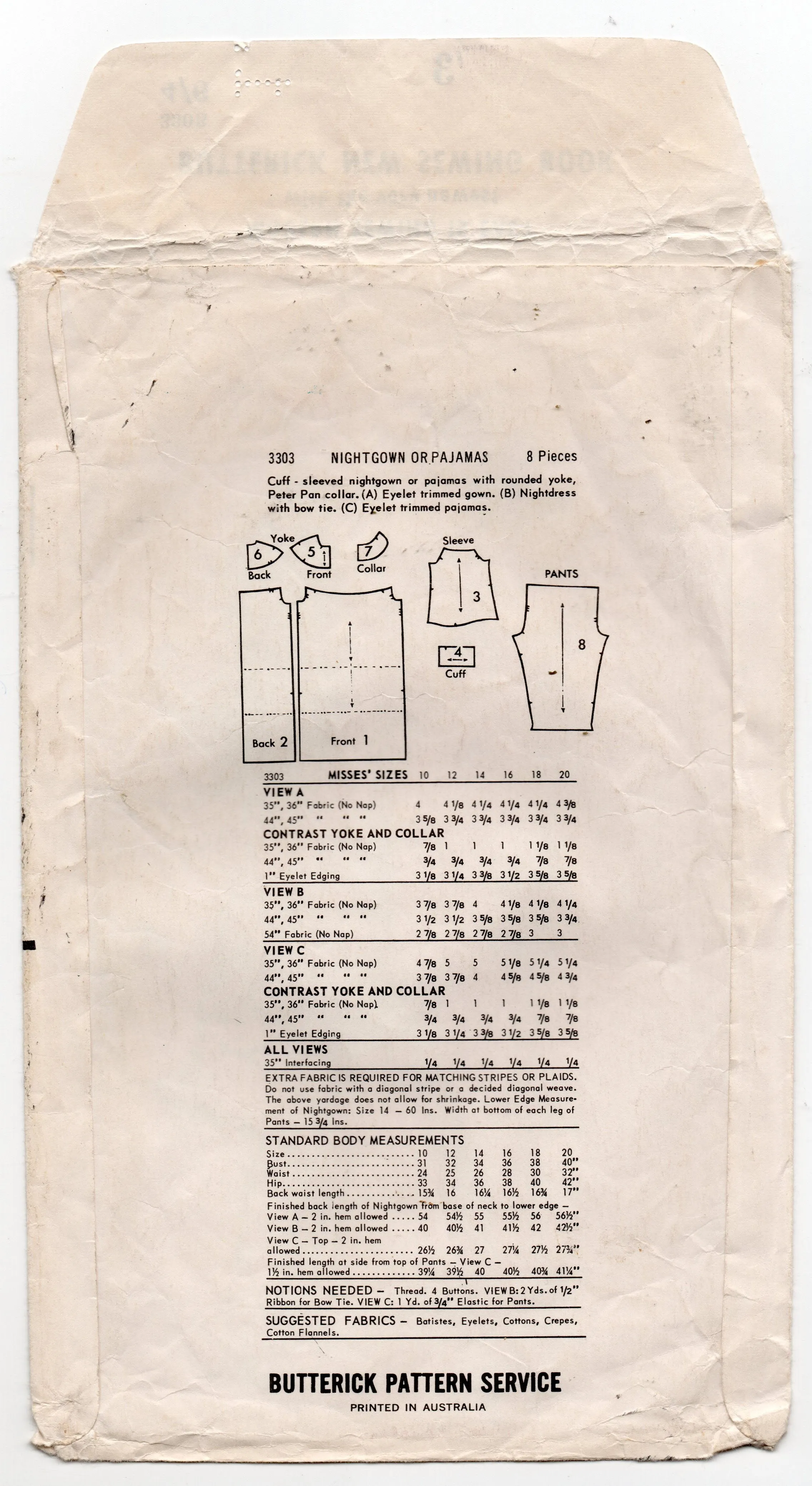 Butterick 3303 Womens Yoked Pyjamas & Nightgown 1960s Vintage Sewing Pattern Size 16 Bust 36 inches