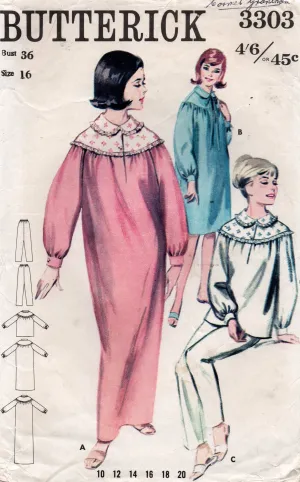 Butterick 3303 Womens Yoked Pyjamas & Nightgown 1960s Vintage Sewing Pattern Size 16 Bust 36 inches