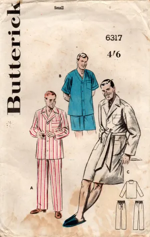 Butterick 6317 Mens Pajamas in 2 Lengths & Robe 1950s Vintage Sewing Pattern Size Size Small or Large