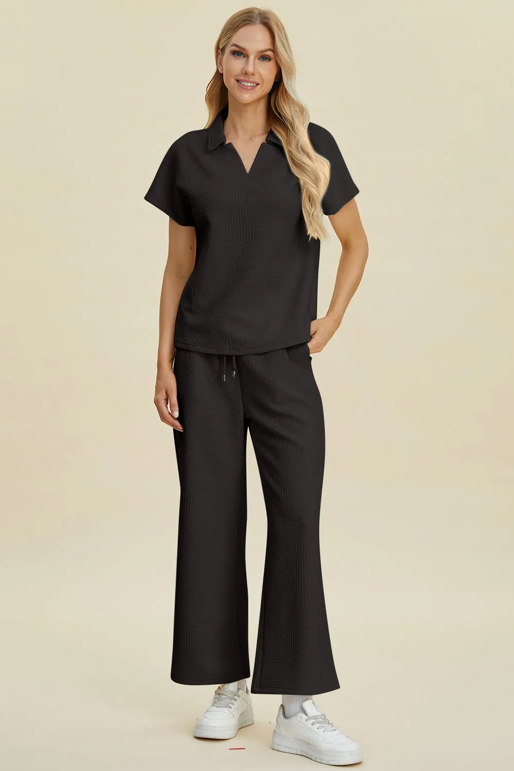 Collared Neck Short Sleeve Top and Pants Set - 2 Colors