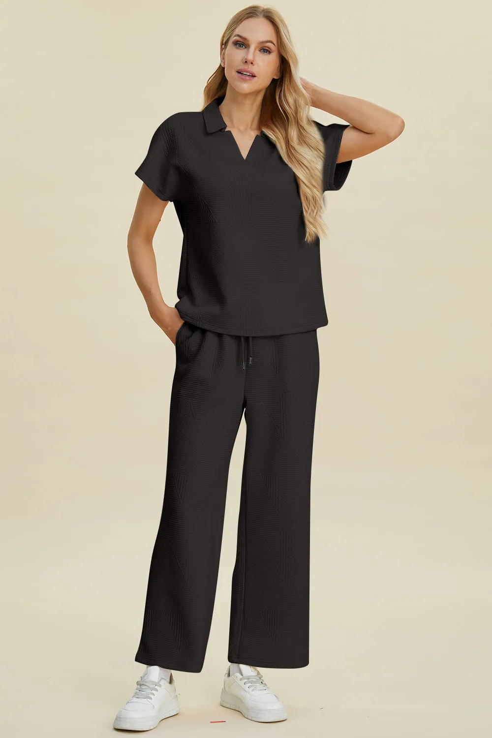 Collared Neck Short Sleeve Top and Pants Set - 2 Colors