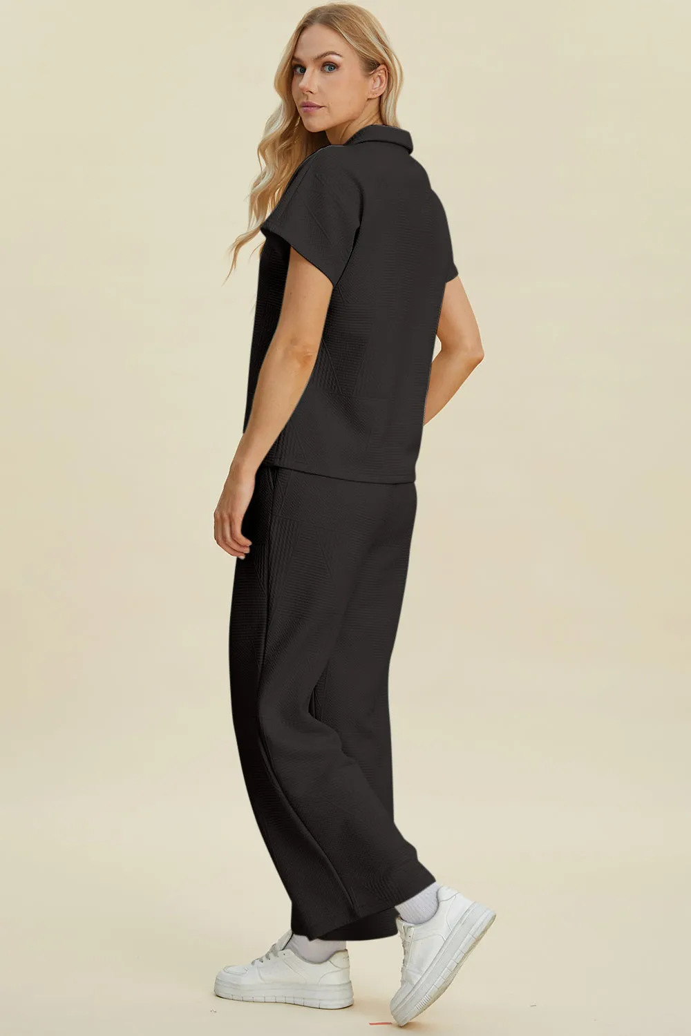 Collared Neck Short Sleeve Top and Pants Set - 2 Colors