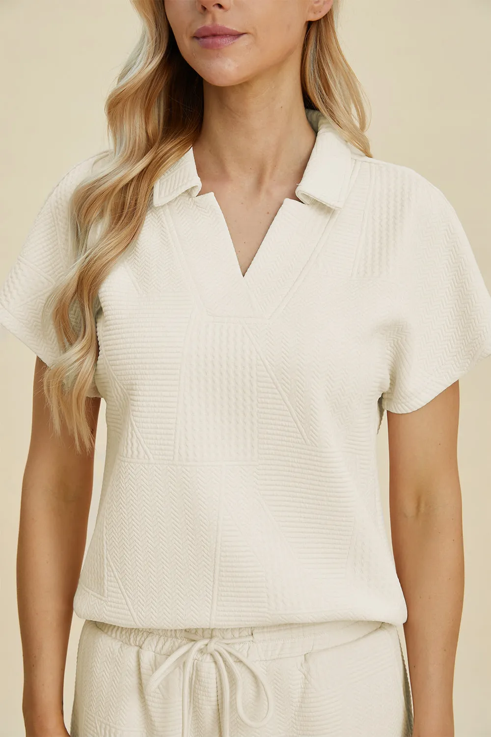 Collared Neck Short Sleeve Top and Pants Set - 2 Colors