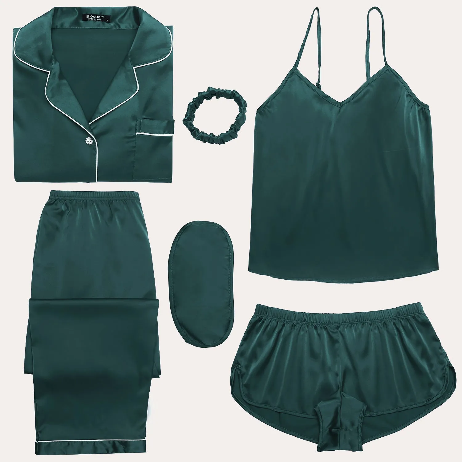 Ekouaer Satin 7Pcs Pajama Set with Eyemask and Hairband (US Only)