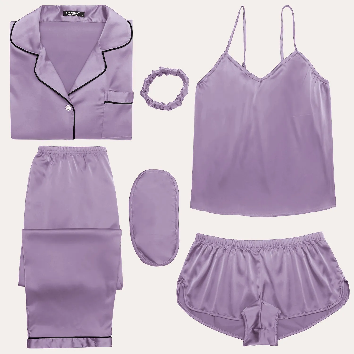 Ekouaer Satin 7Pcs Pajama Set with Eyemask and Hairband (US Only)