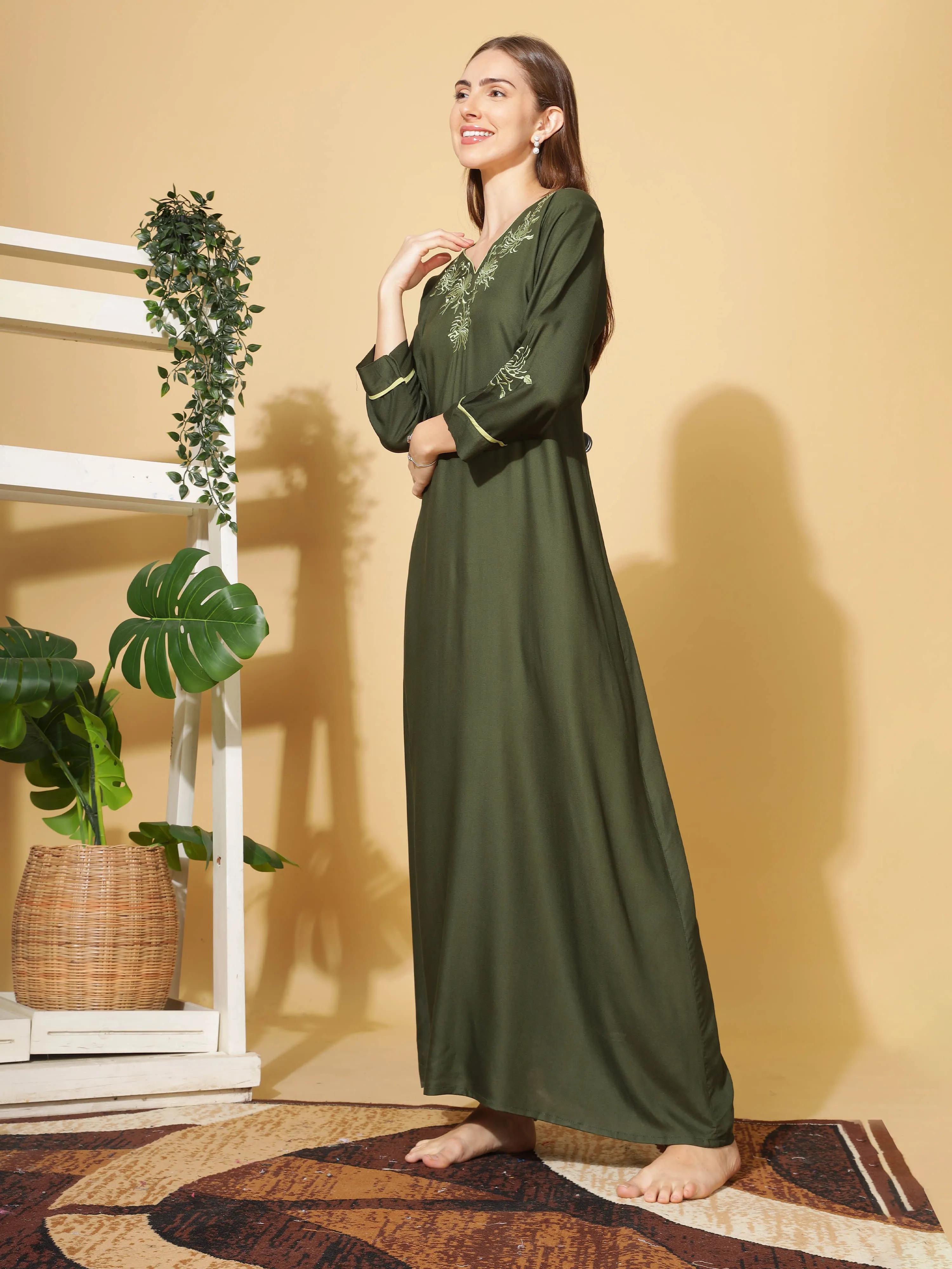Elegant Emerald Designer Nighty with Embroidery