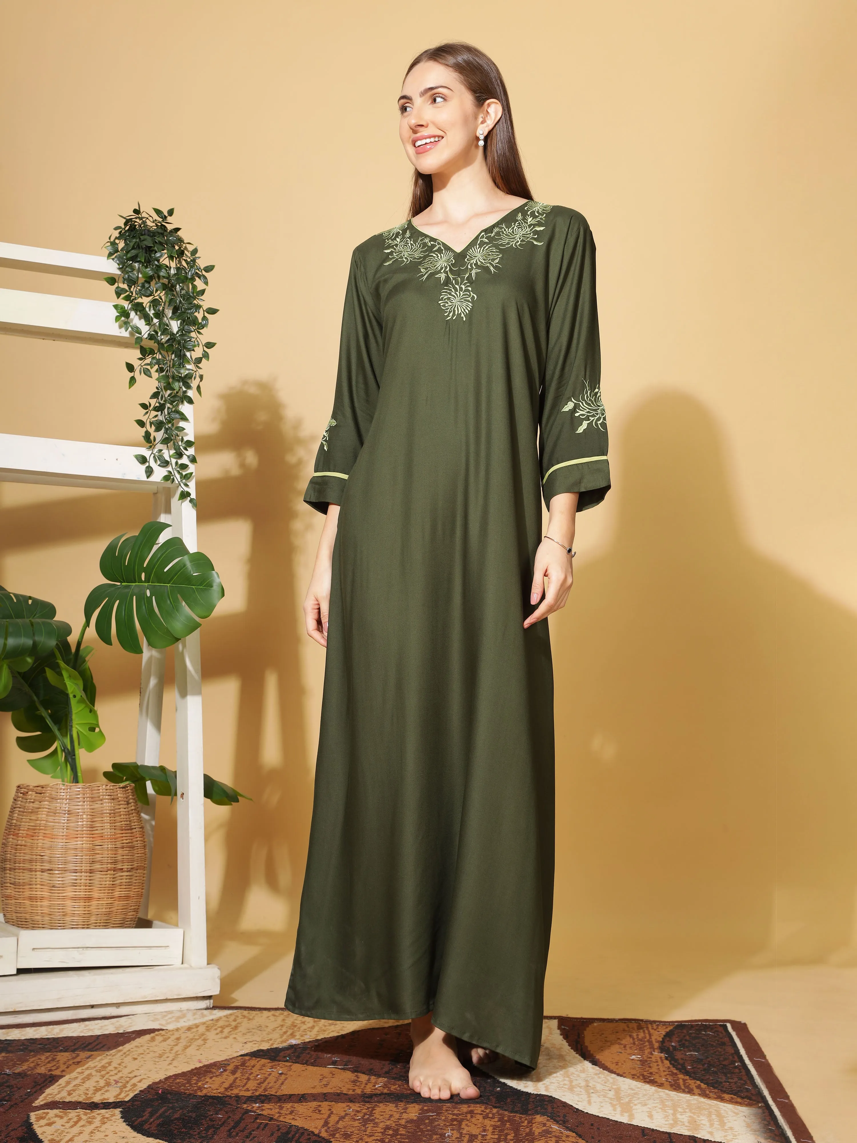 Elegant Emerald Designer Nighty with Embroidery