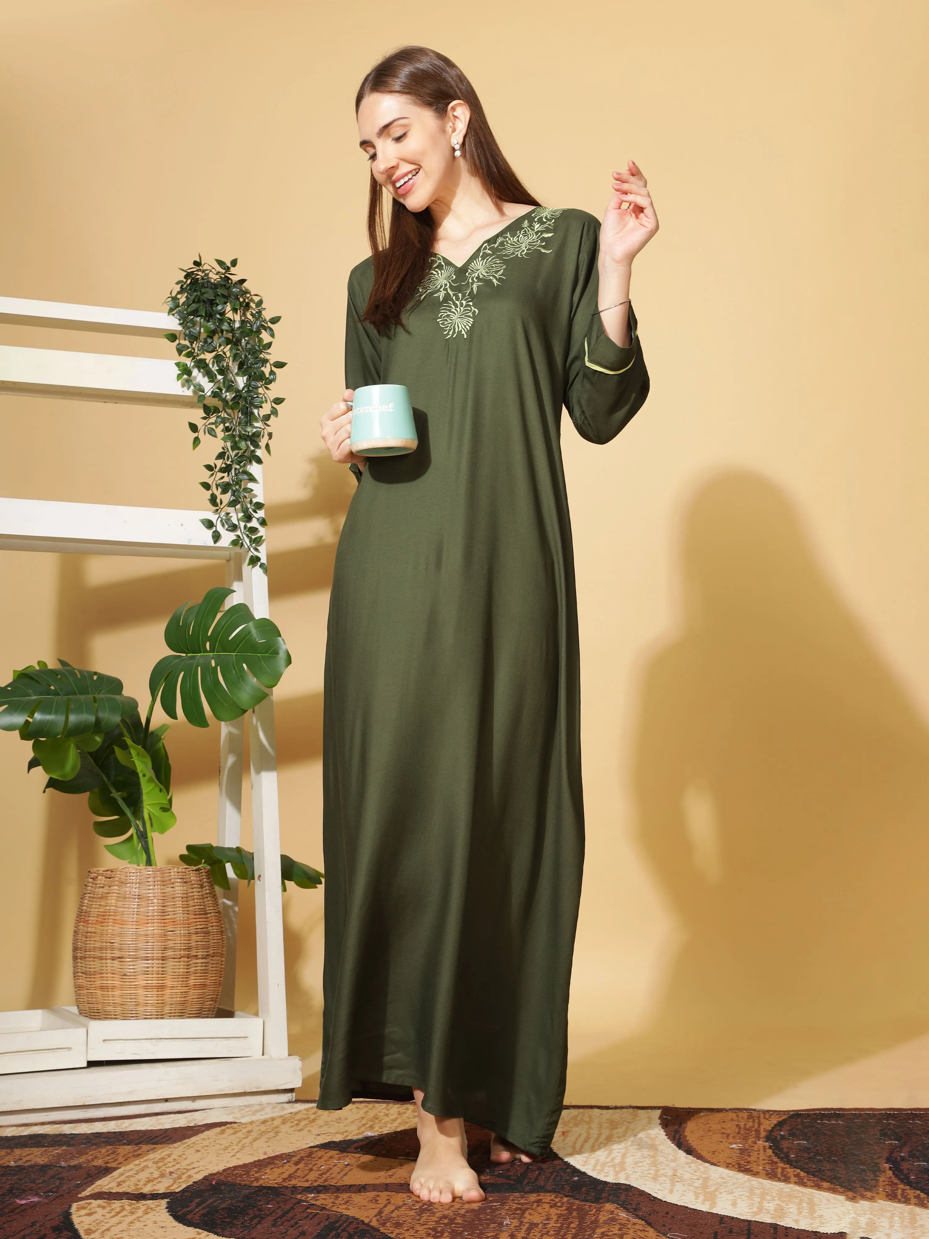 Elegant Emerald Designer Nighty with Embroidery