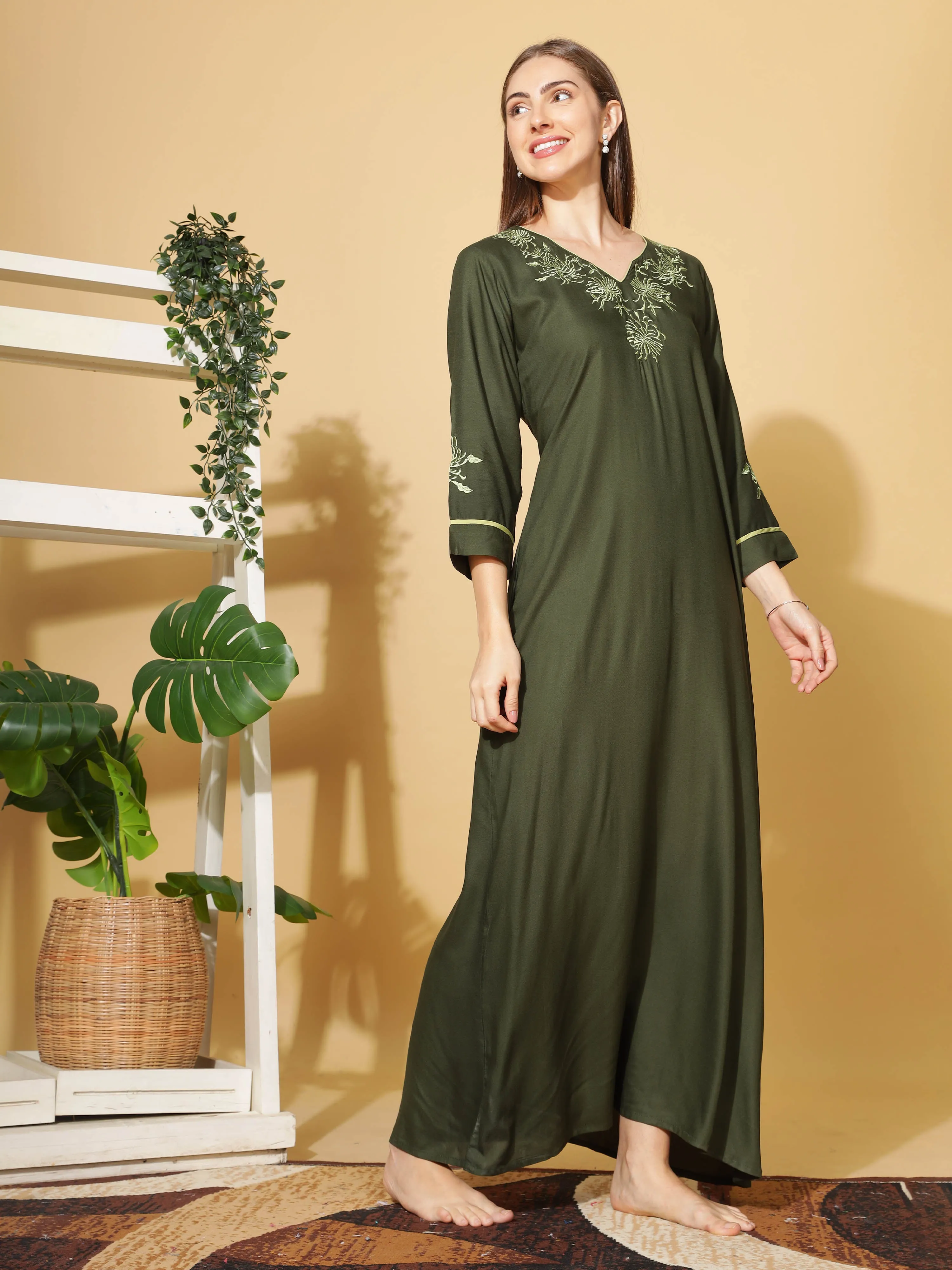 Elegant Emerald Designer Nighty with Embroidery