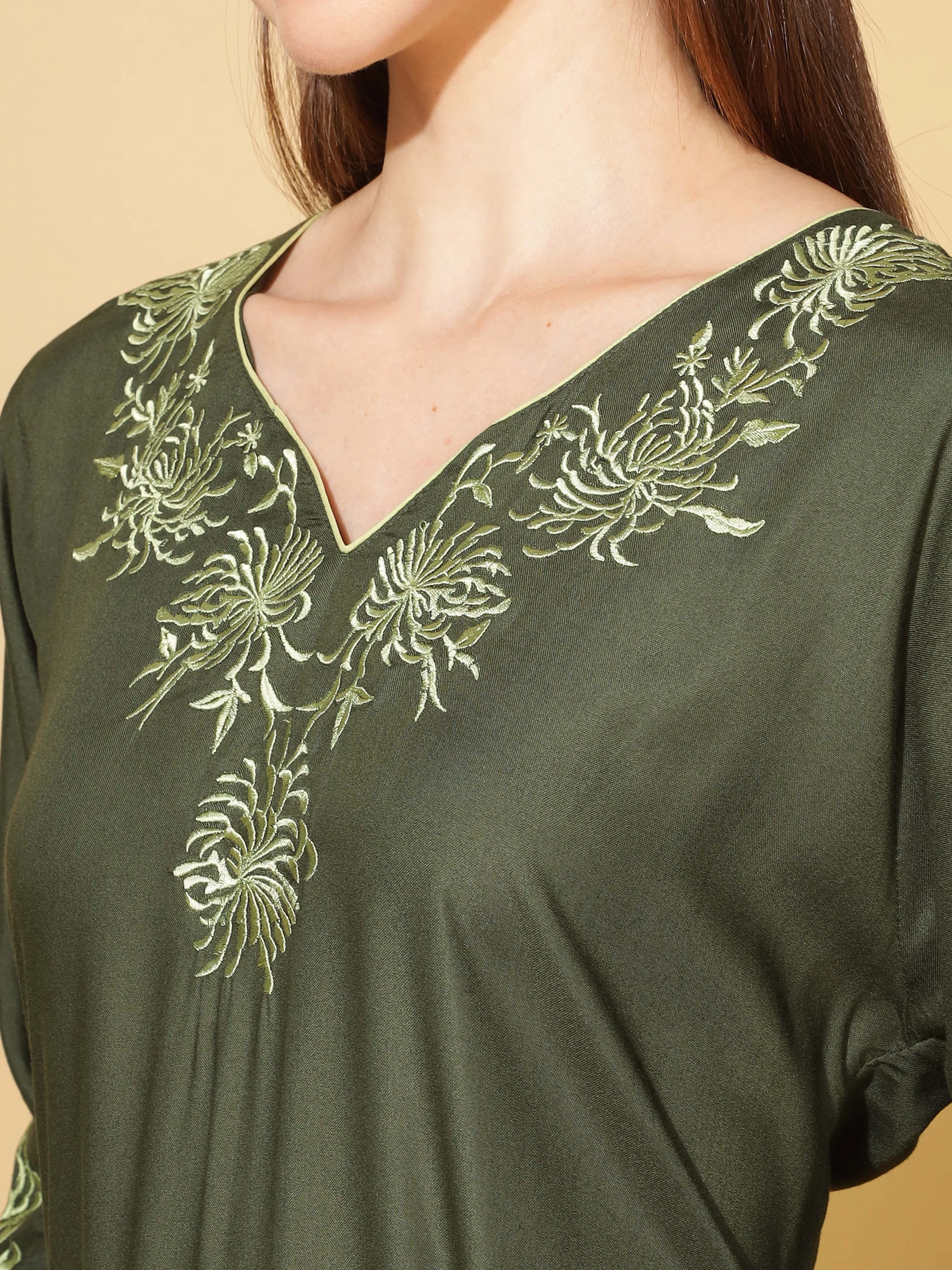 Elegant Emerald Designer Nighty with Embroidery