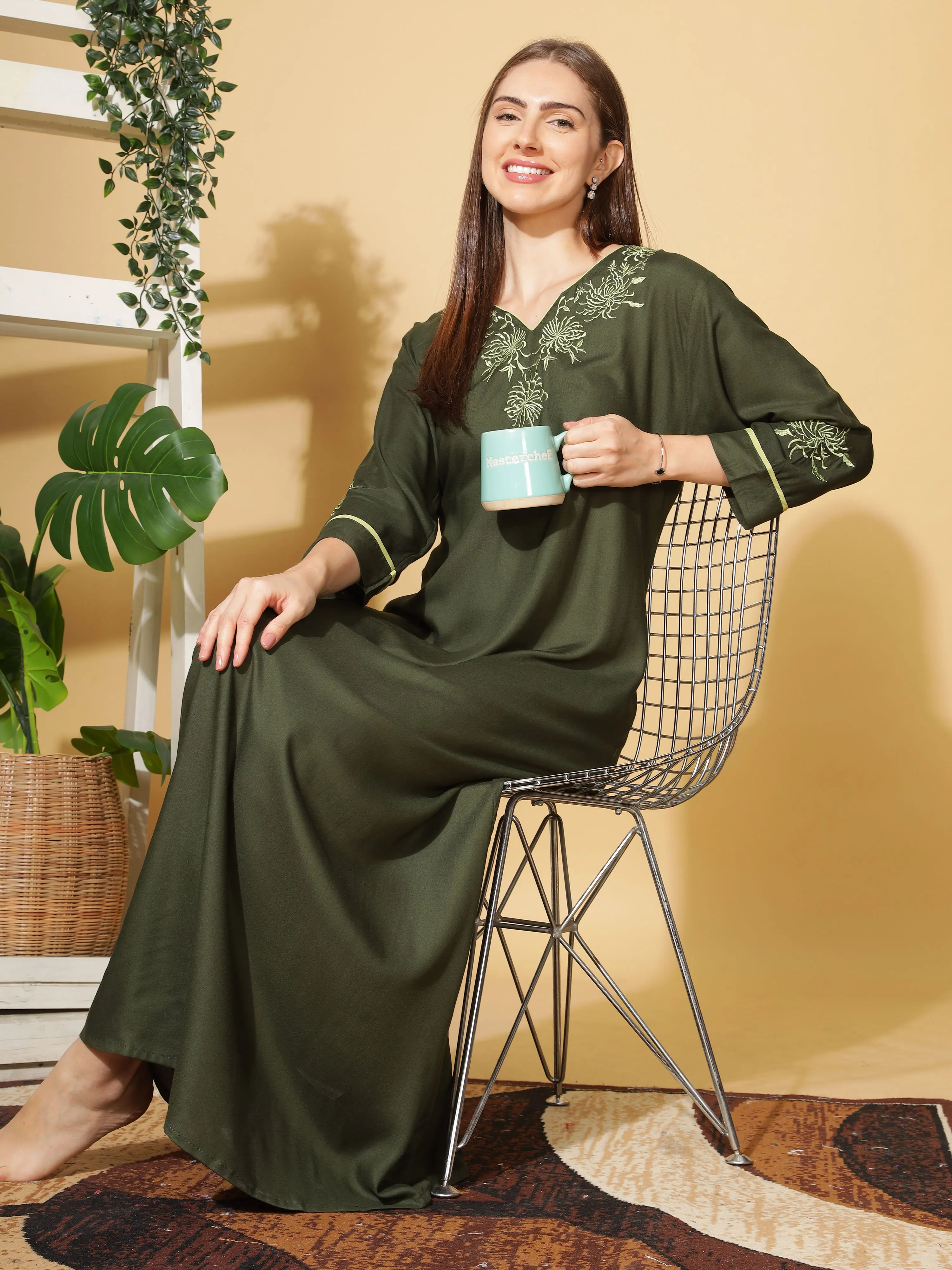 Elegant Emerald Designer Nighty with Embroidery