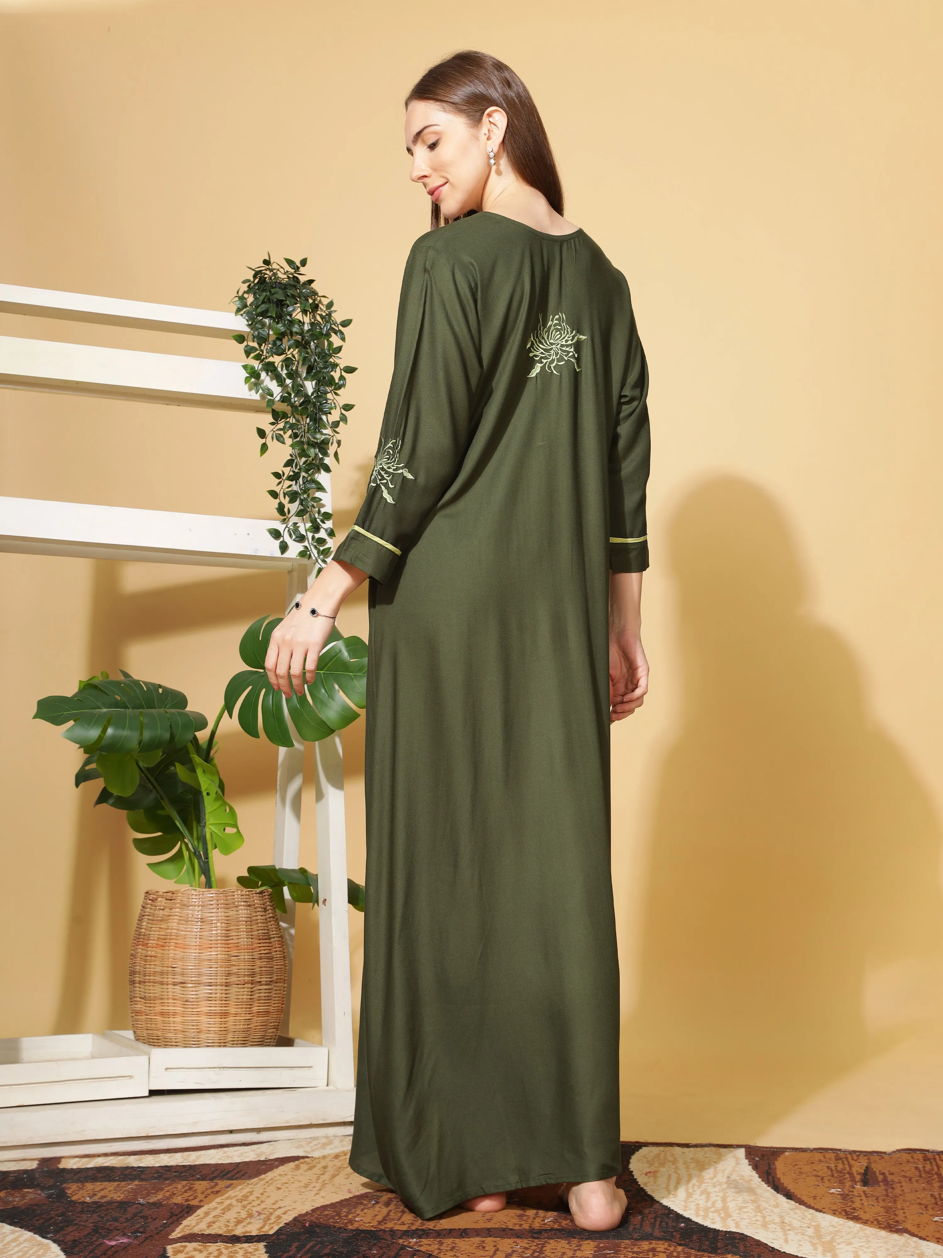 Elegant Emerald Designer Nighty with Embroidery