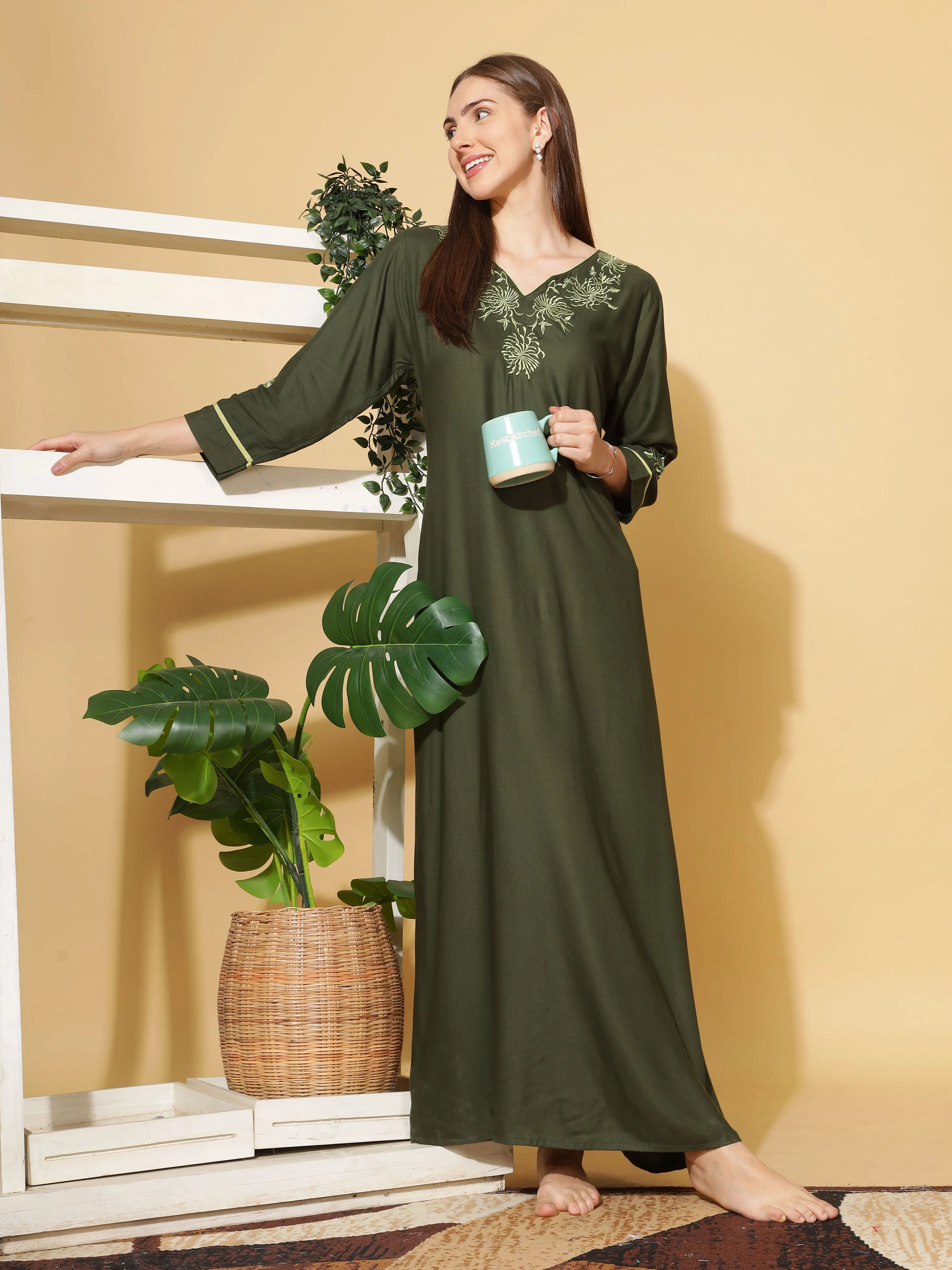 Elegant Emerald Designer Nighty with Embroidery