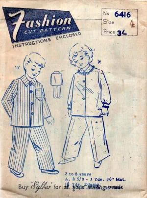 Fashion 6416 Toddler Girls or Boys Pajamas 1960s Vintage Sewing Pattern Size  4 Years UNUSED Factory Folded