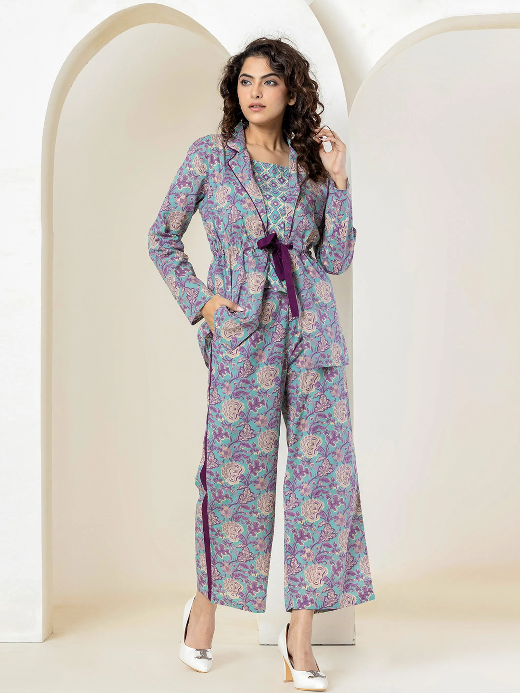 Front belt Cyan Purple Pure Cotton Jacket set of 3