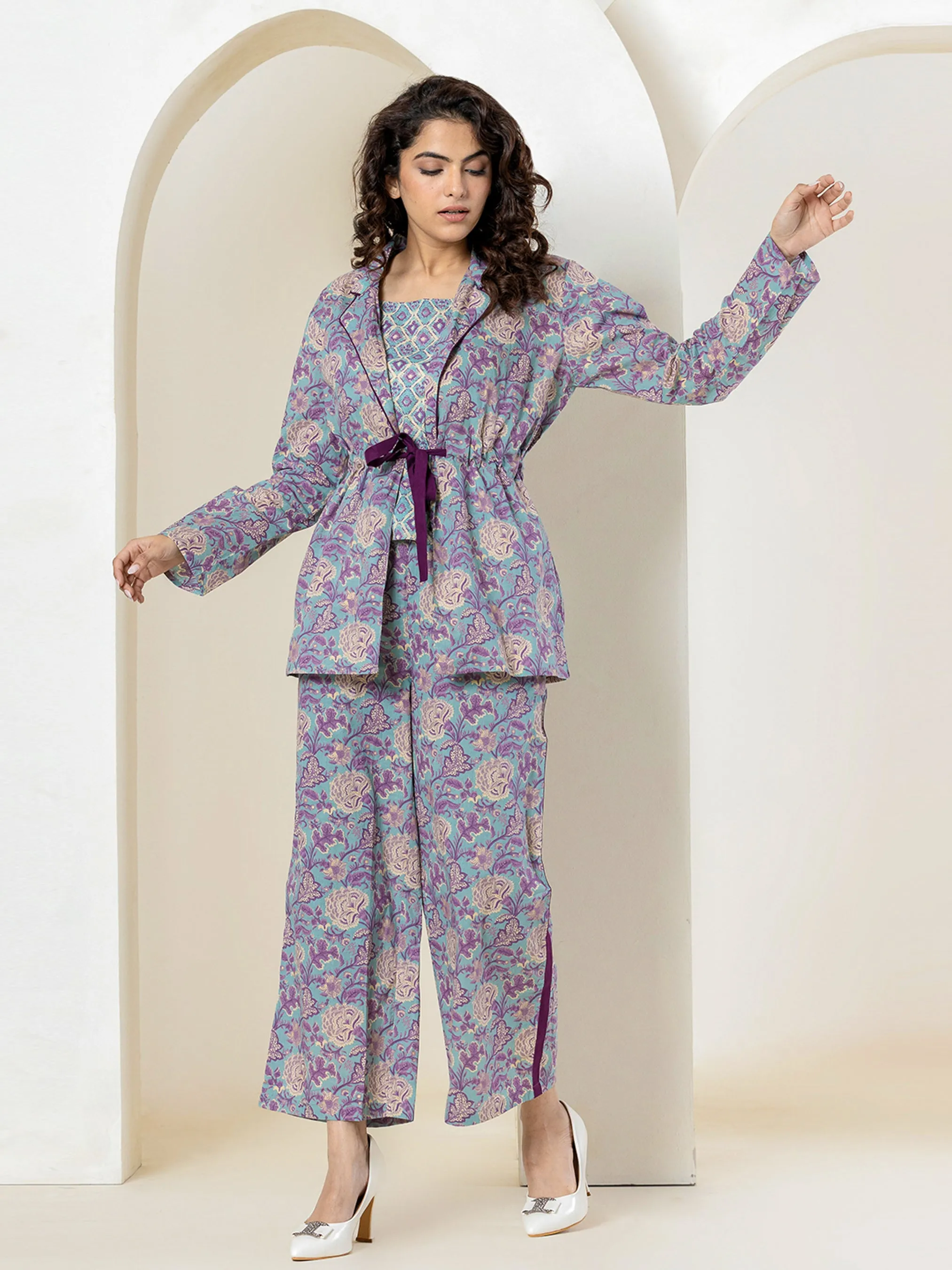Front belt Cyan Purple Pure Cotton Jacket set of 3