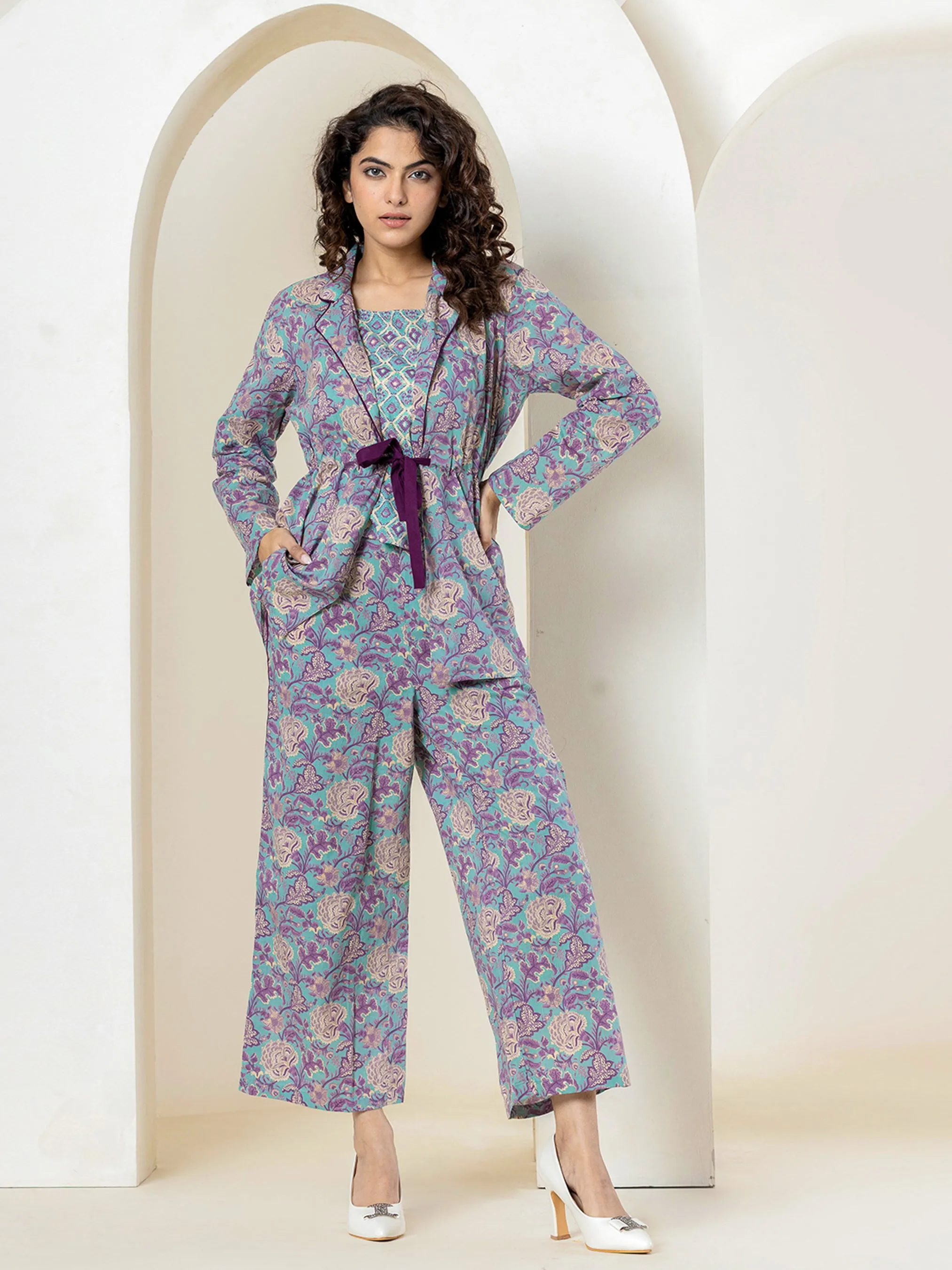 Front belt Cyan Purple Pure Cotton Jacket set of 3