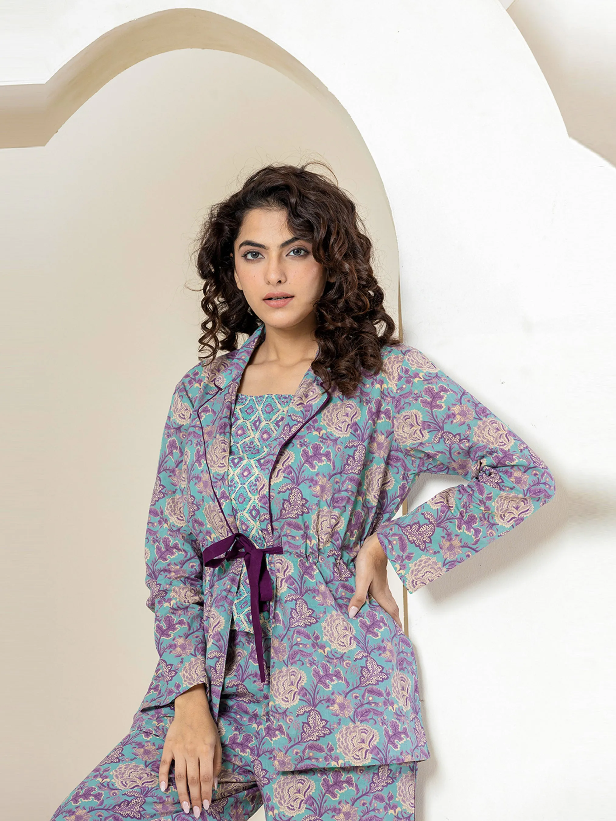 Front belt Cyan Purple Pure Cotton Jacket set of 3