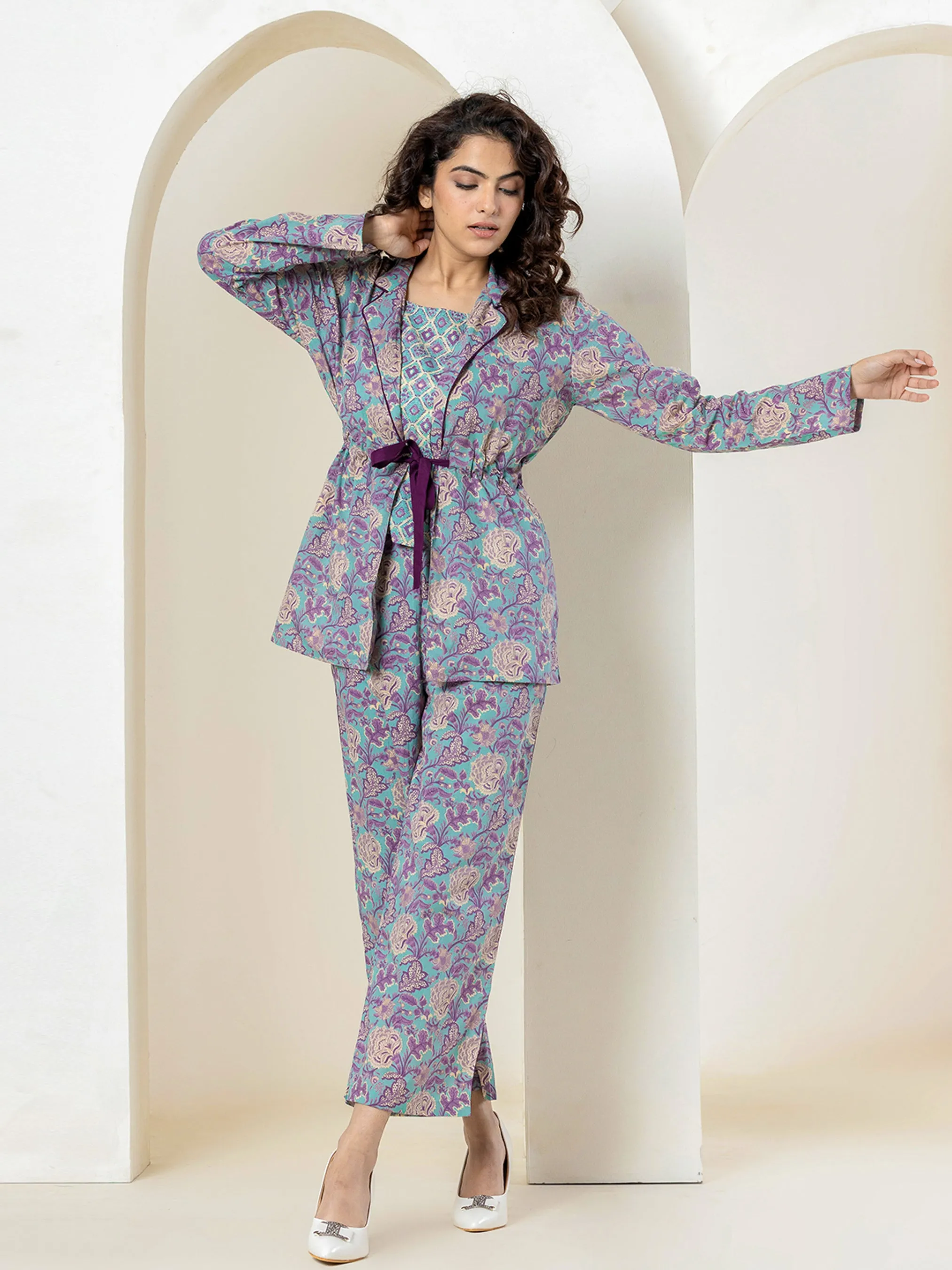 Front belt Cyan Purple Pure Cotton Jacket set of 3