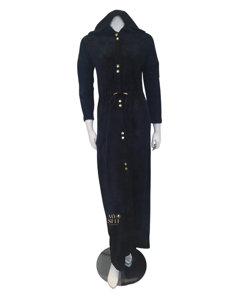 FW23MR05 Black Chenille Dolman Invisible Zipper Morning Robe