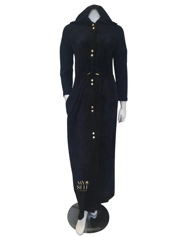 FW23MR05 Black Chenille Dolman Invisible Zipper Morning Robe
