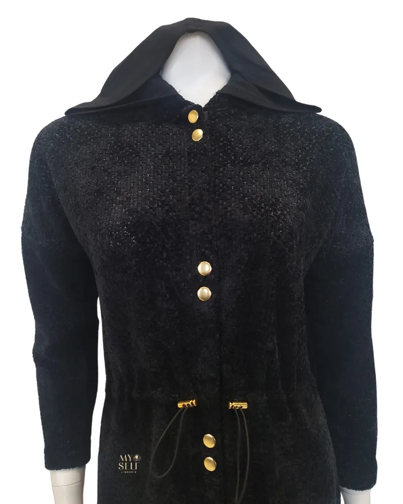 FW23MR05 Black Chenille Dolman Invisible Zipper Morning Robe
