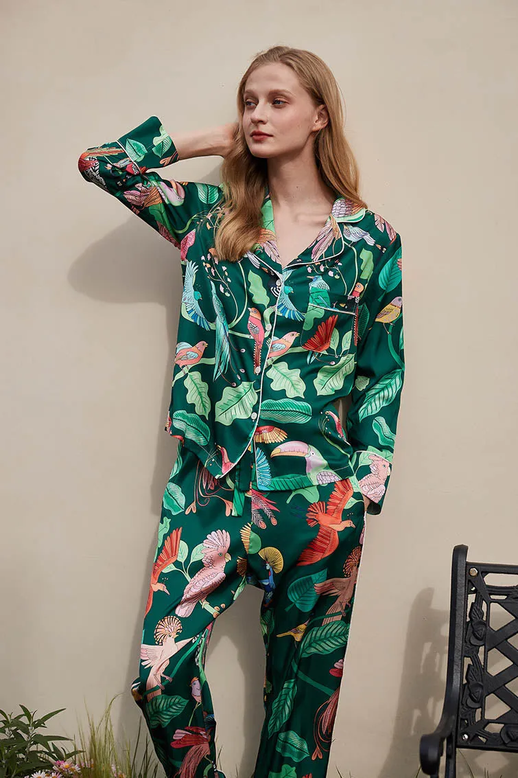 Green Parrot Print Silk Pajama Set