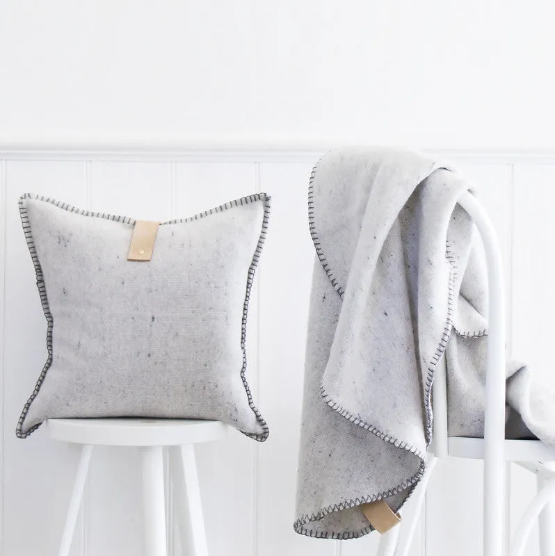 GREY MERINO WOOL BLEND CUSHION WITH LEATHER 55cm