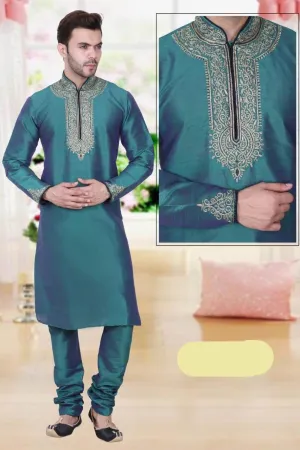 Iridescent Green Color Long Dupion Silk Men's Kurta Pajama Set