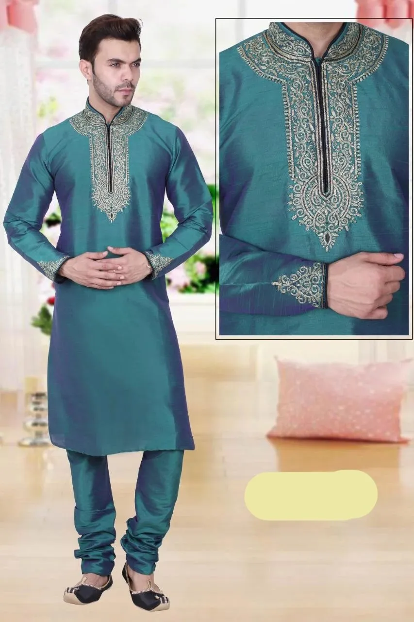 Iridescent Green Color Long Dupion Silk Men's Kurta Pajama Set