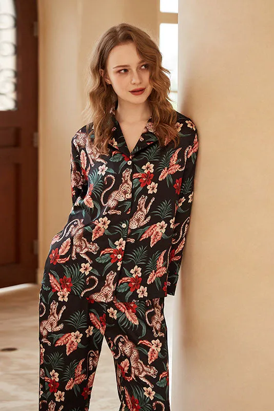 Jaguar and Floral Print Ice Silk Long-Sleeve Loungewear Set