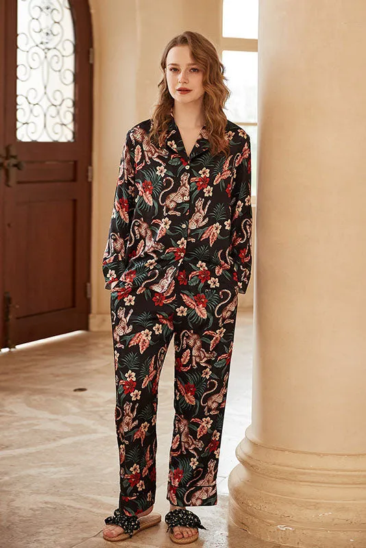 Jaguar and Floral Print Ice Silk Long-Sleeve Loungewear Set