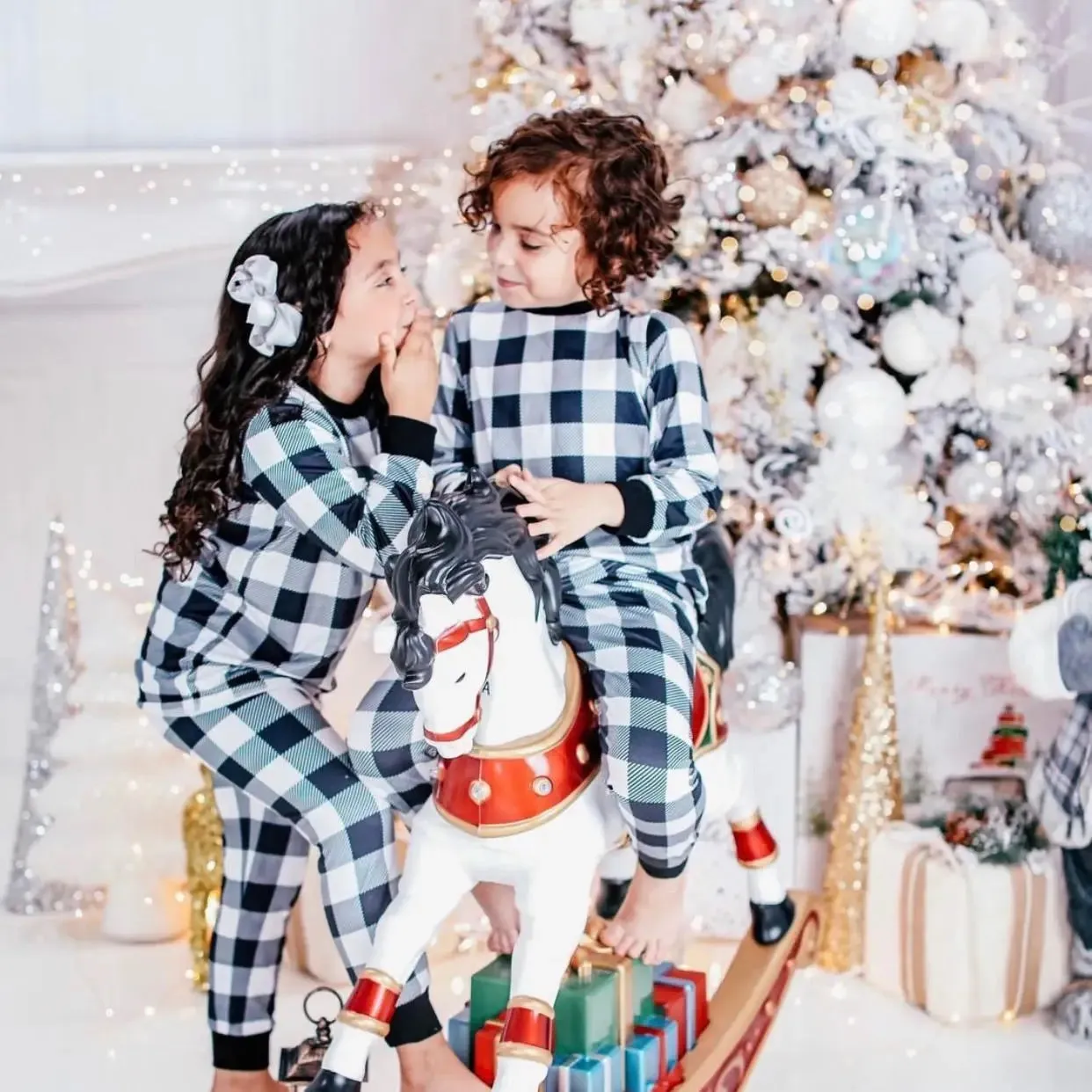 Kids 2 Pc Christmas Pajamas - Black & White Check