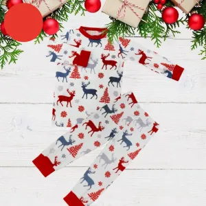 Kids 2 Pc Pajamas - Reindeer   Red Trees