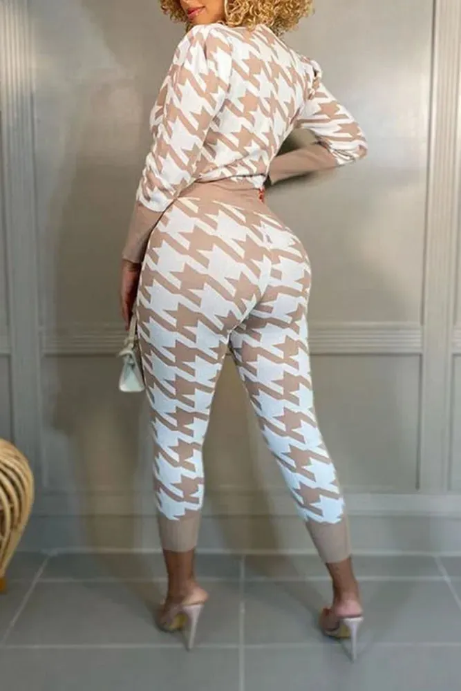 Latte Taupe 2pc Houndstooth Print Jogger Set