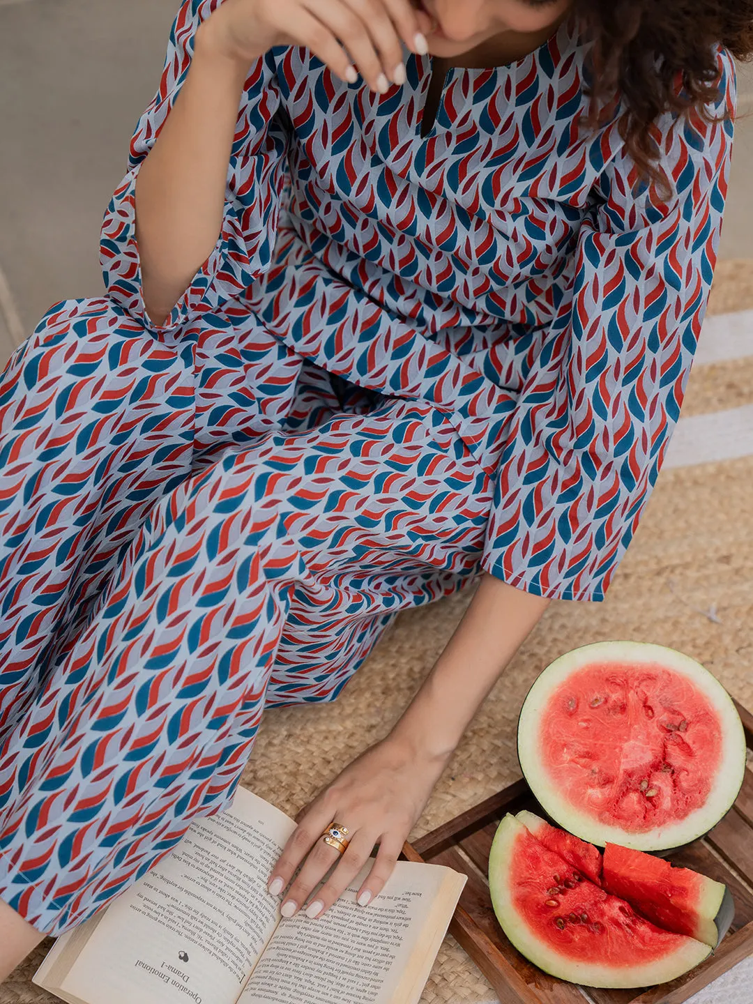 Leafy Pleat Cranberry Current Blue Lounge Wear