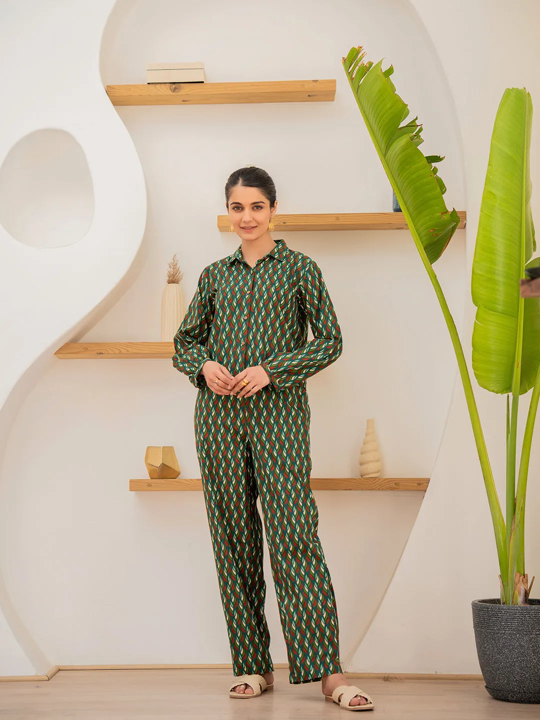 Leafy Pleate Forest Noir Green Co-Ord Set