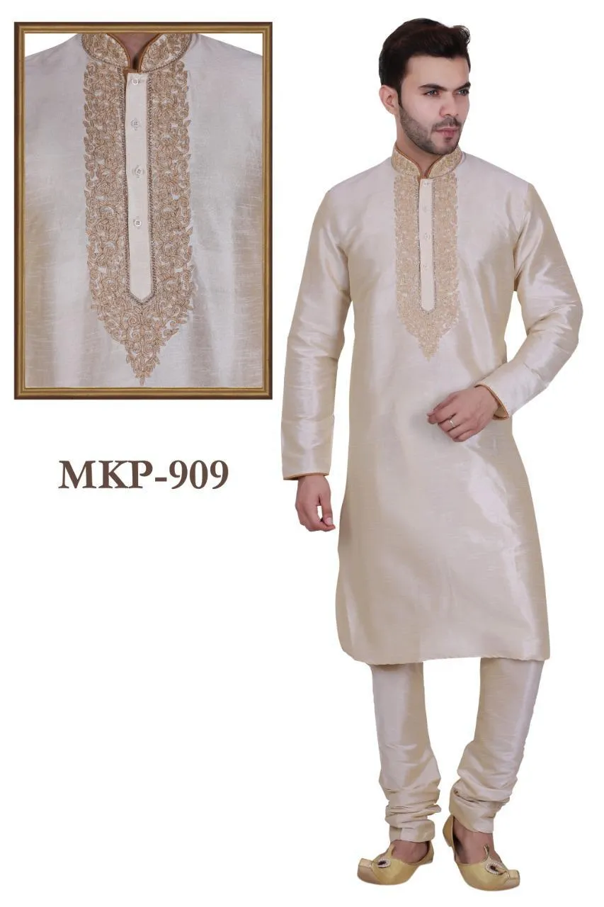 Light French Grey Color Long Dupion Silk Men's Kurta Pajama Set