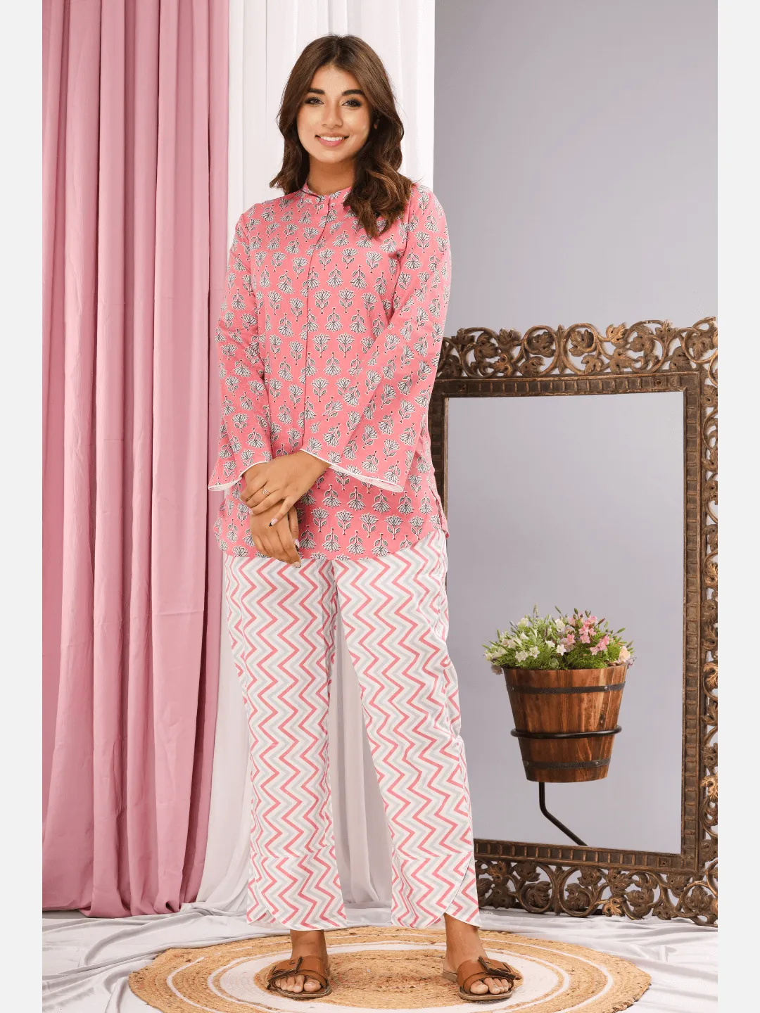 mandarin collar Pink  Pure cotton loungewear