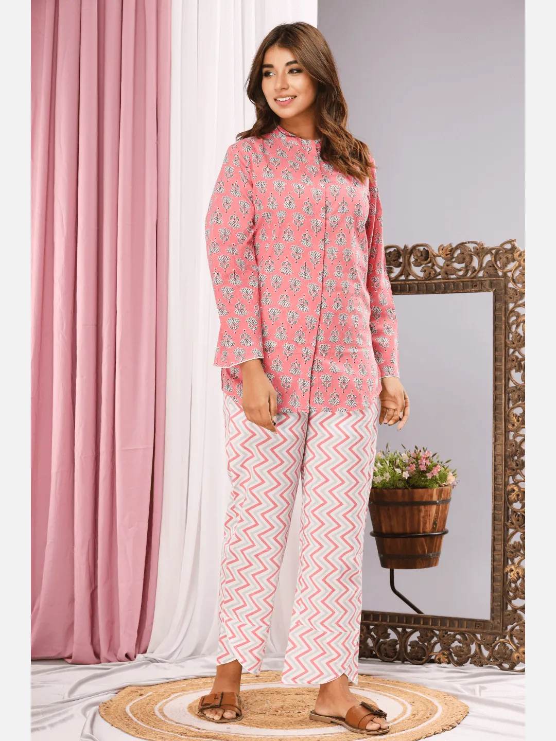 mandarin collar Pink  Pure cotton loungewear