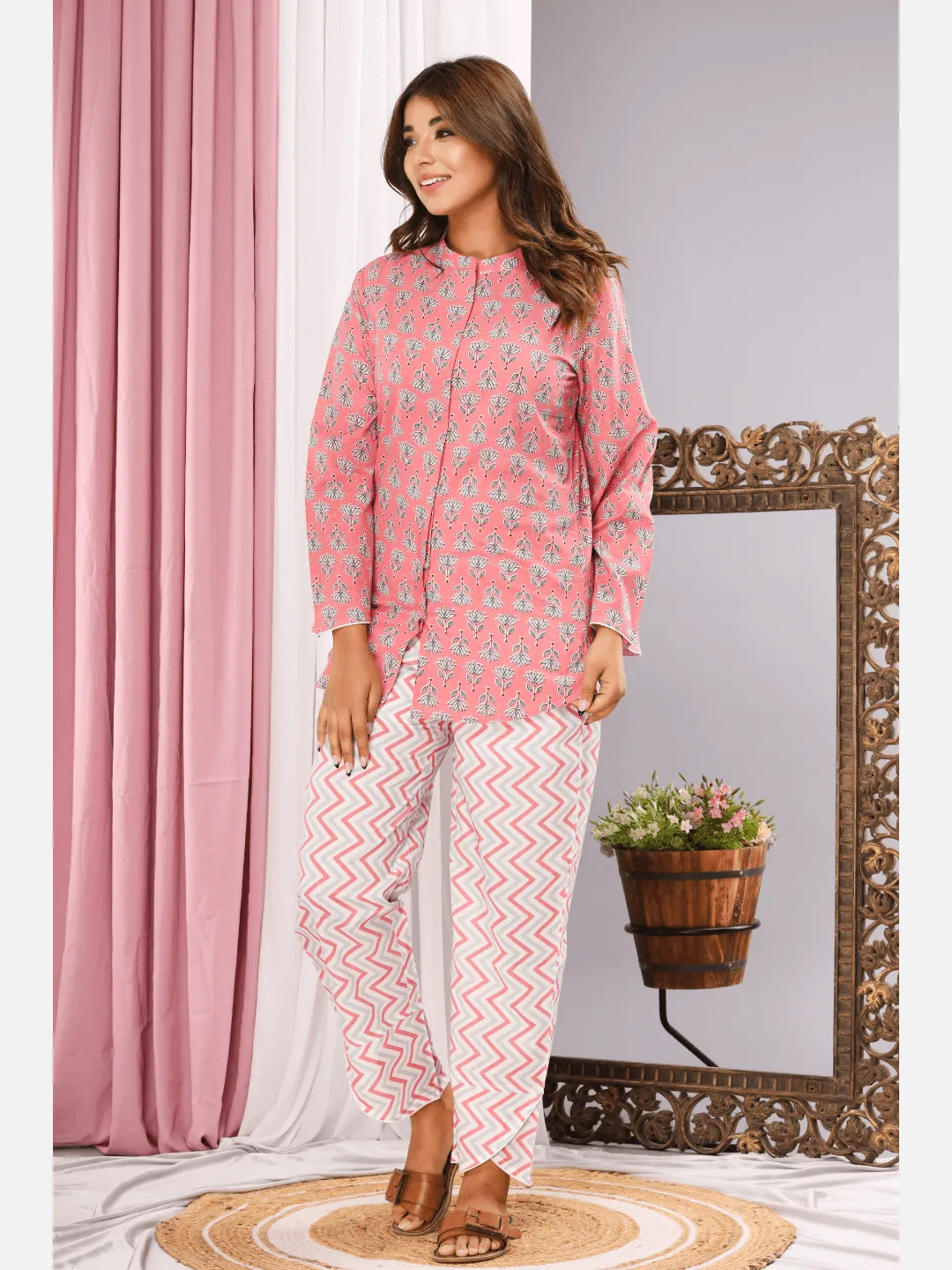 mandarin collar Pink  Pure cotton loungewear