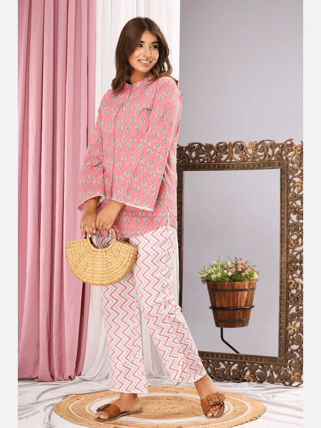 mandarin collar Pink  Pure cotton loungewear