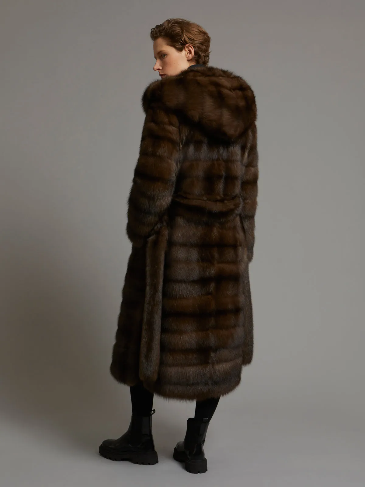 Manteau long ceinturé en Zibeline Bargouzine