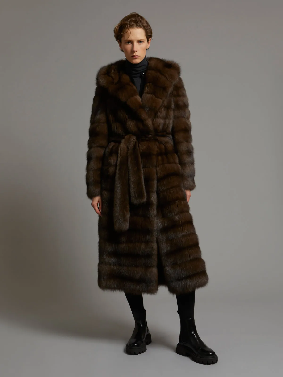Manteau long ceinturé en Zibeline Bargouzine