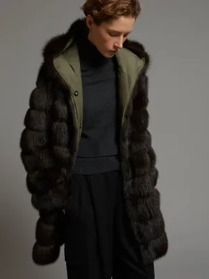 Manteau réversible à capuche en tissu technique soie et Zibeline Bargouzine