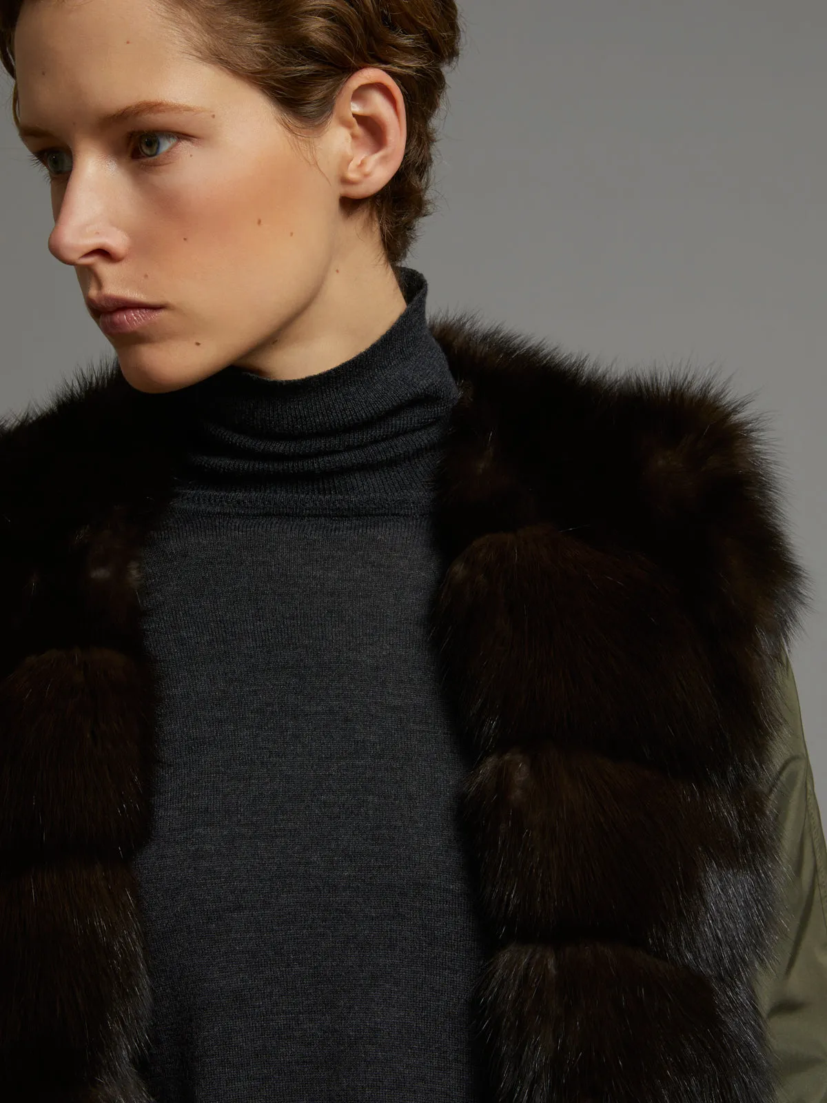Manteau réversible à capuche en tissu technique soie et Zibeline Bargouzine