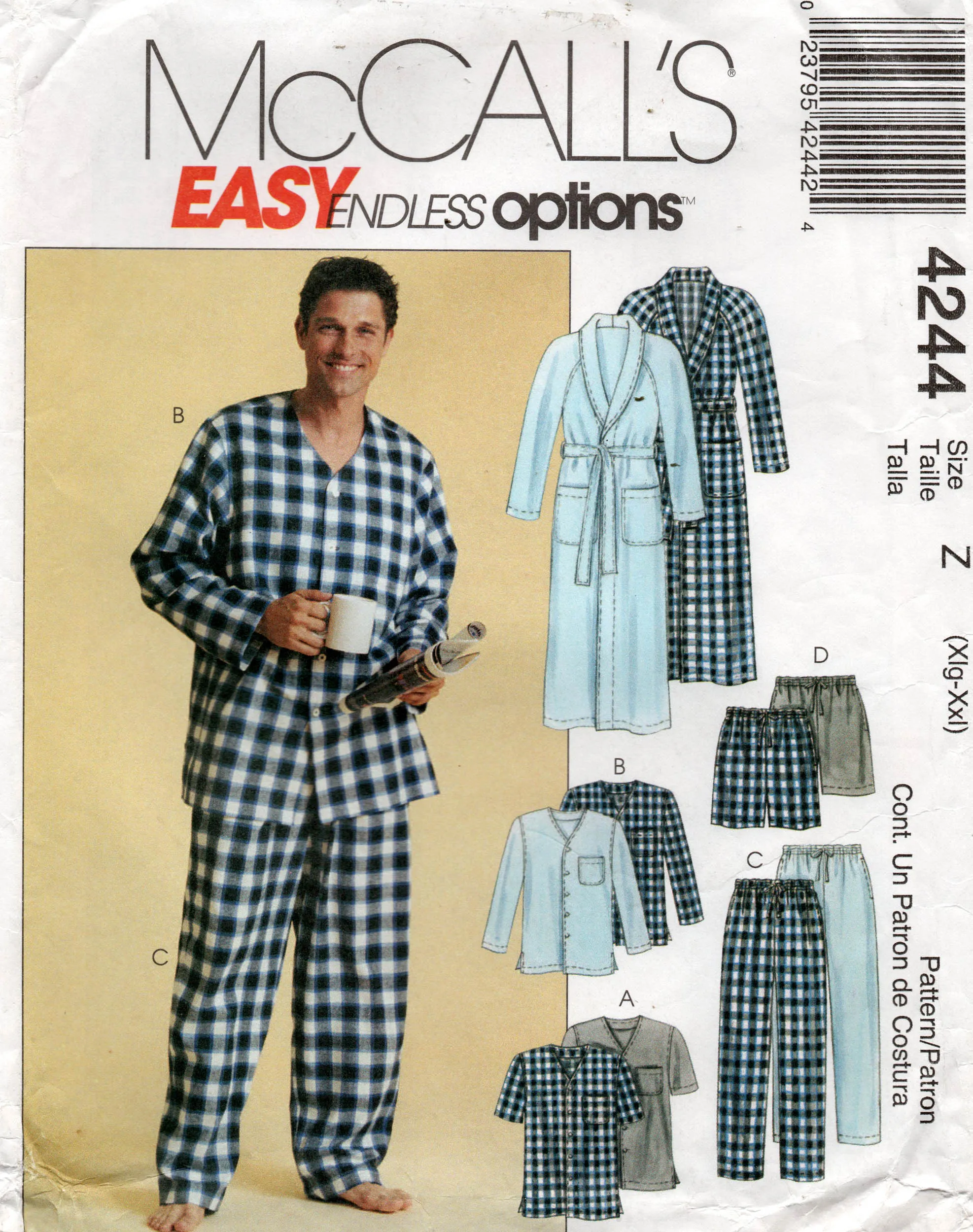 McCall's 4244 Mens Pyjamas Shorts & Robe Sleepwear Out Of Print Sewing Pattern Size ADULT L - XL UNCUT Factory Folded