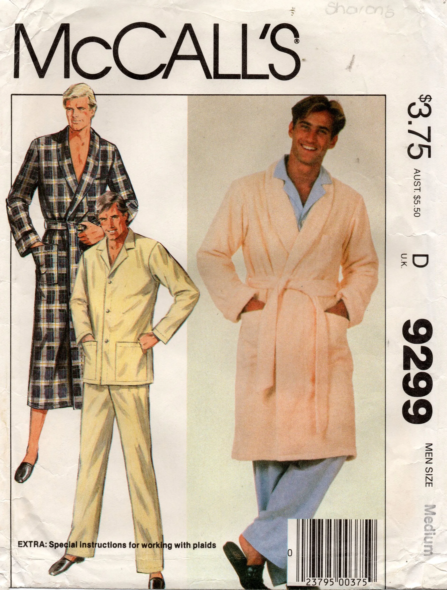 McCall's 9299 Mens Robe & Pajamas 1980s Vintage Sewing Pattern Size MEDIUM Chest 38 - 40 inches