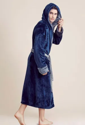 Men Plush Shawl Collar Robe, Fluffy Spa Robes, Winter Warm House & Hotel Robes (Blue & Gray)